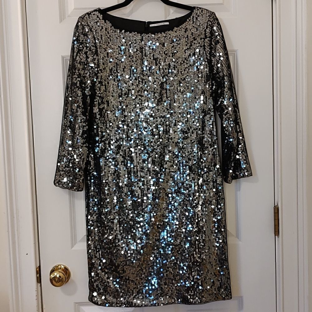 T Tahari Black Organza Sequined Special Occasion Dress Size 10